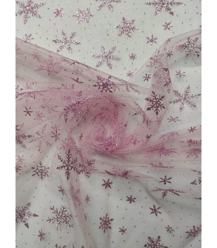 Tejido de tul en rosa estampado copo nieve